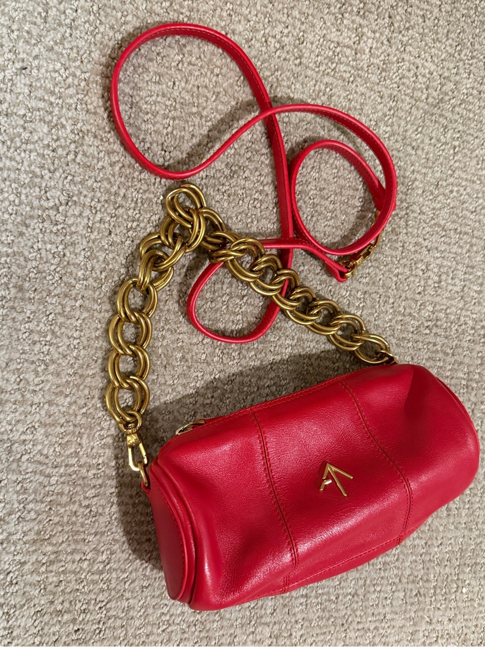 MANU Atelier Red Leather with Statement Gold Chain and crossbody strap